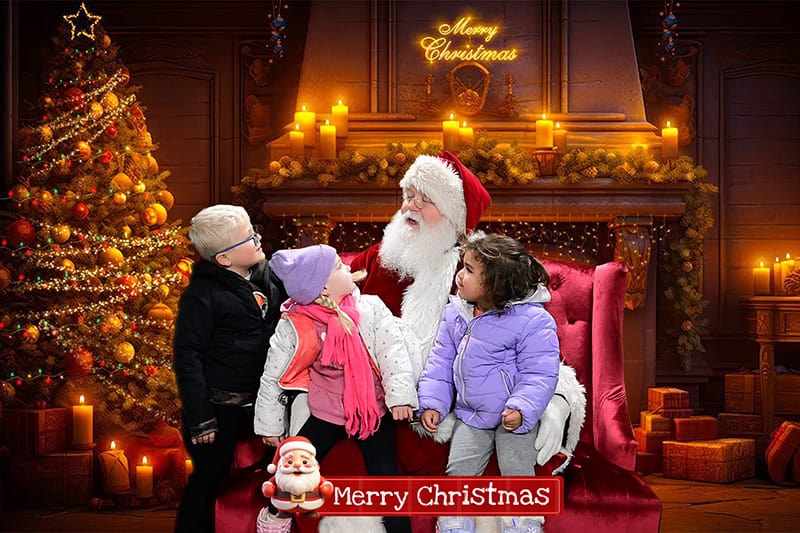 Three kids join Santa in his "cabin" -- which is really a heated tent -- at this Cleveland green screen photo booth: Christmas Around the World