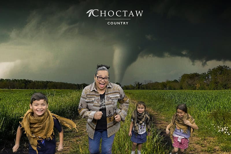 Participants run from this Oklahoma tornado during this Dallas greenscreen photobooth for the Travel and Adventure Show 2025